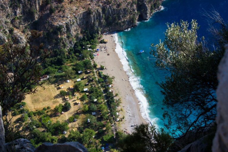 Stunning aerial view of Butterfly Valley's beach and cliffs in Fethiye, perfect for nature lovers.